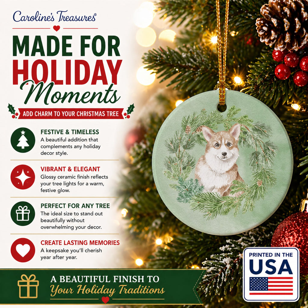 Corgi Red Christmas Wreath Ceramic Ornament Christmas Tree Hanging Decorations for Home Christmas Holiday, Party, Gift, 3 in, Multicolor