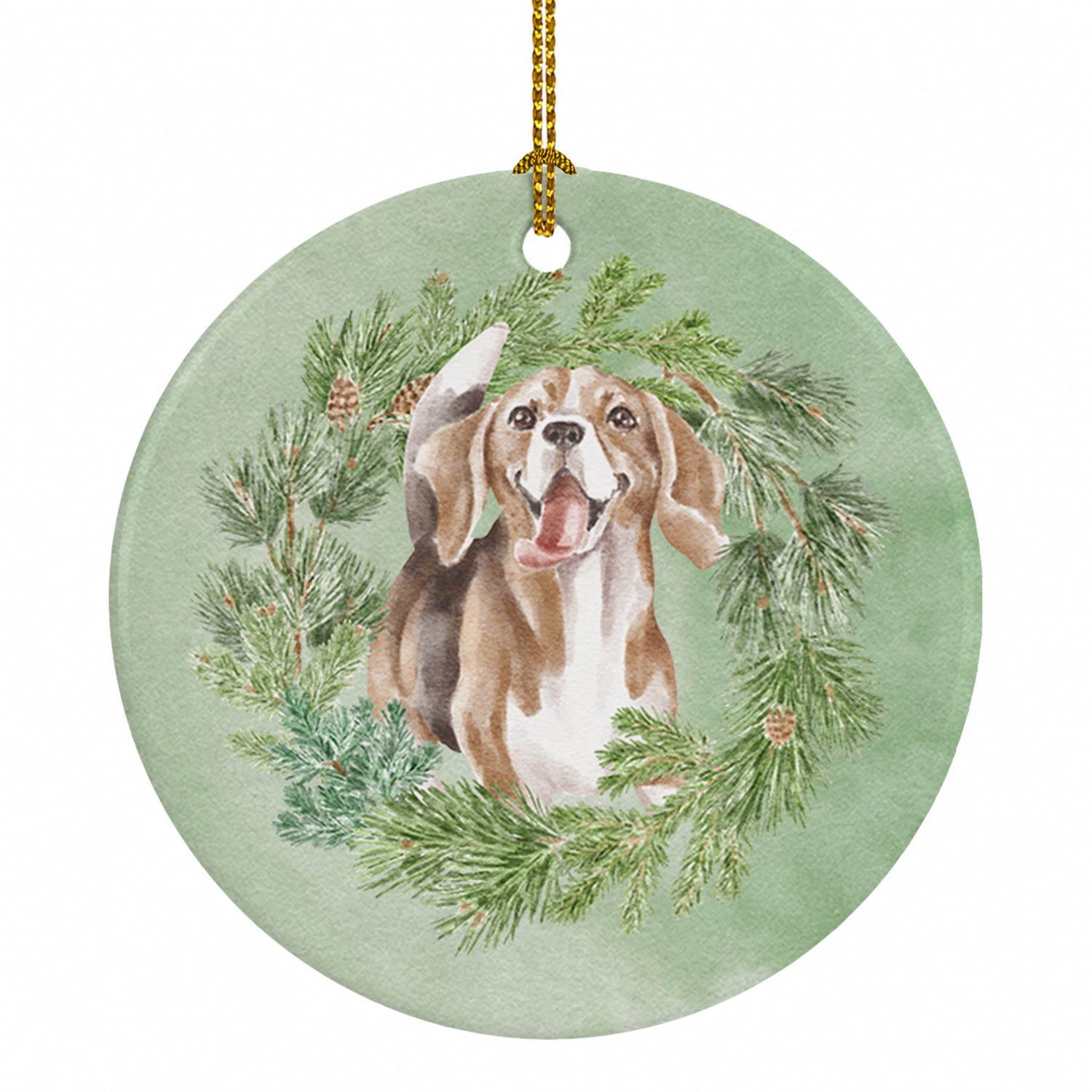 Beagle Smiling Christmas Wreath Ceramic Ornament Christmas Tree Hanging Decorations for Home Christmas Holiday, Party, Gift, 3 in, Multicolor
