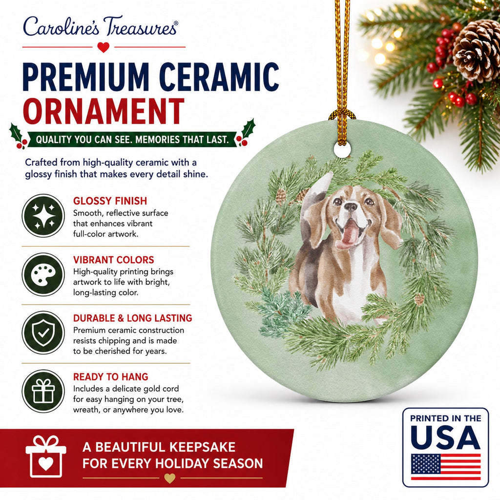 Beagle Smiling Christmas Wreath Ceramic Ornament Christmas Tree Hanging Decorations for Home Christmas Holiday, Party, Gift, 3 in, Multicolor