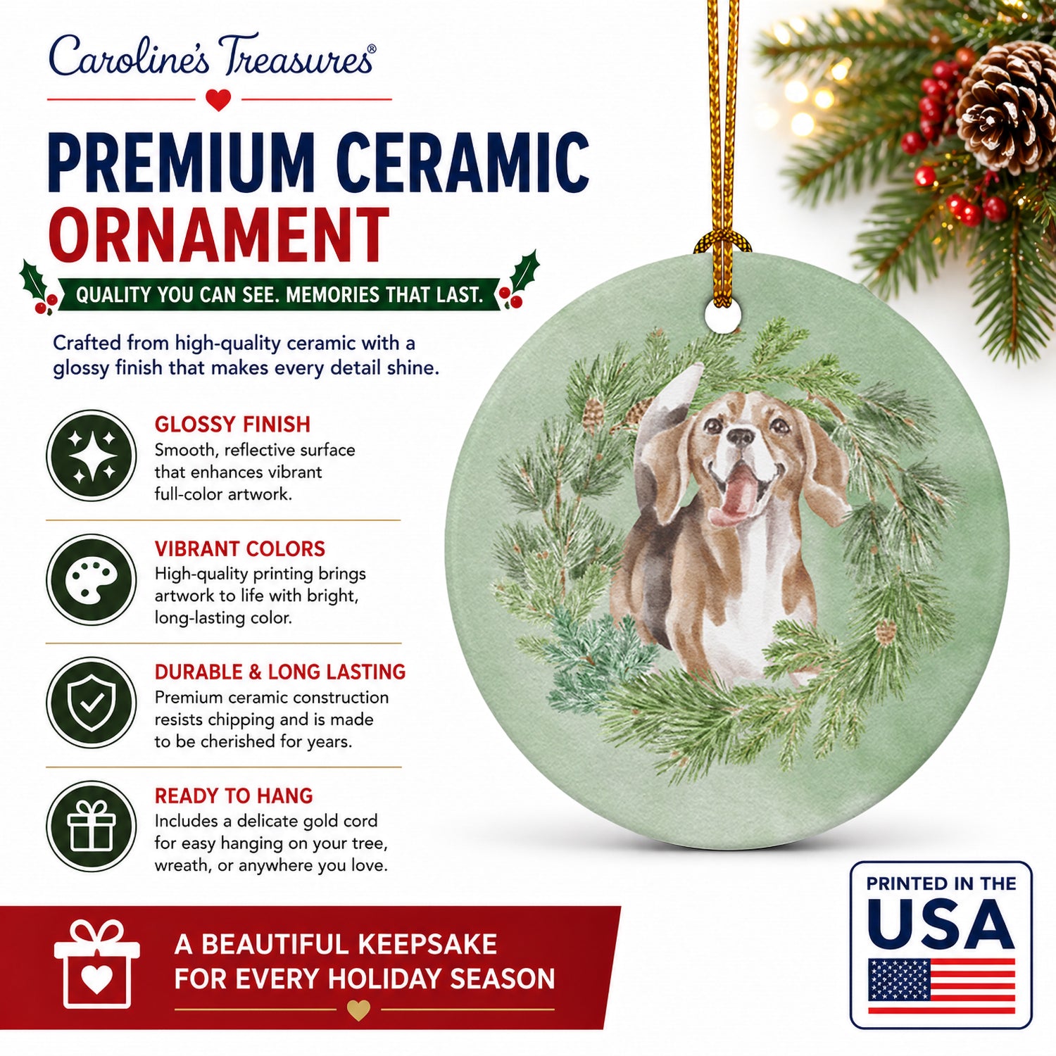 Beagle Smiling Christmas Wreath Ceramic Ornament Christmas Tree Hanging Decorations for Home Christmas Holiday, Party, Gift, 3 in, Multicolor