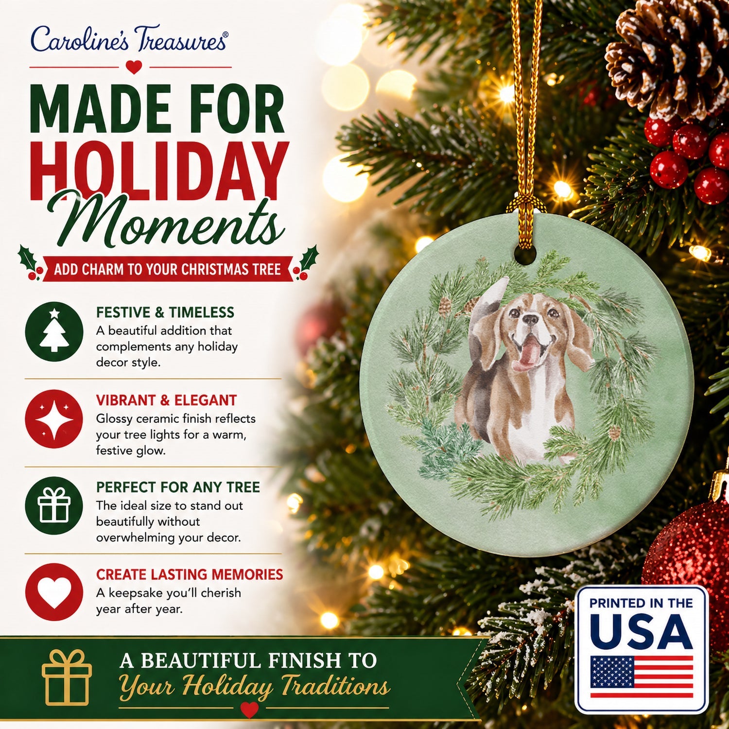 Beagle Smiling Christmas Wreath Ceramic Ornament Christmas Tree Hanging Decorations for Home Christmas Holiday, Party, Gift, 3 in, Multicolor