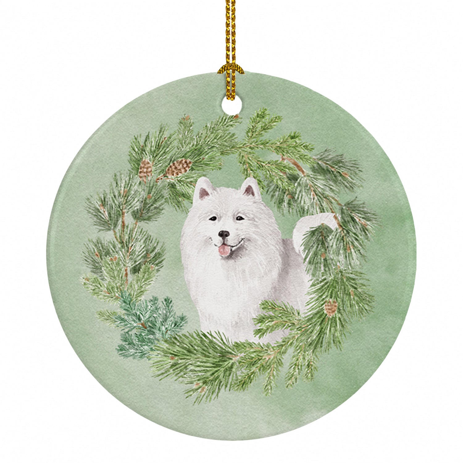 Samoyed Smiling Christmas Wreath Ceramic Ornament Christmas Tree Hanging Decorations for Home Christmas Holiday, Party, Gift, 3 in, Multicolor