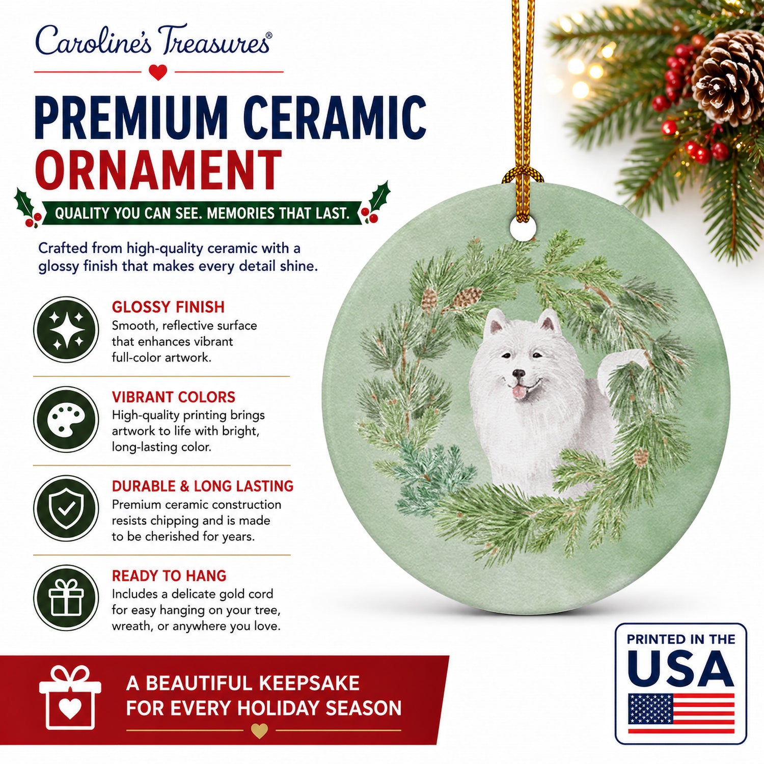 Samoyed Smiling Christmas Wreath Ceramic Ornament Christmas Tree Hanging Decorations for Home Christmas Holiday, Party, Gift, 3 in, Multicolor