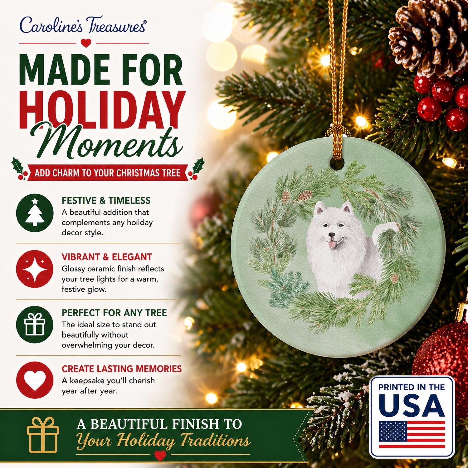 Samoyed Smiling Christmas Wreath Ceramic Ornament Christmas Tree Hanging Decorations for Home Christmas Holiday, Party, Gift, 3 in, Multicolor