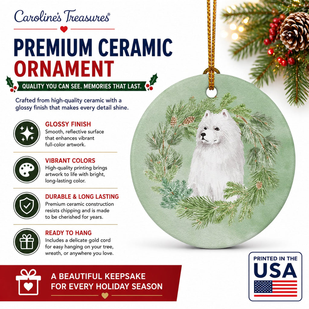 Samoyed Sitting Christmas Wreath Ceramic Ornament Christmas Tree Hanging Decorations for Home Christmas Holiday, Party, Gift, 3 in, Multicolor