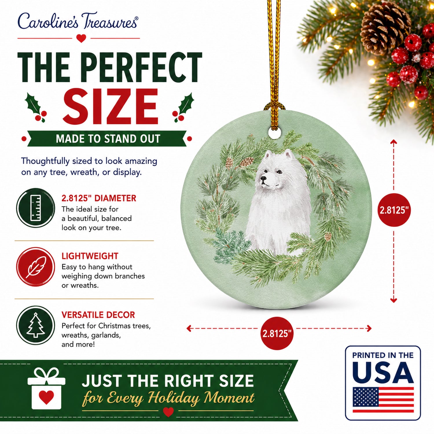 Samoyed Sitting Christmas Wreath Ceramic Ornament Christmas Tree Hanging Decorations for Home Christmas Holiday, Party, Gift, 3 in, Multicolor