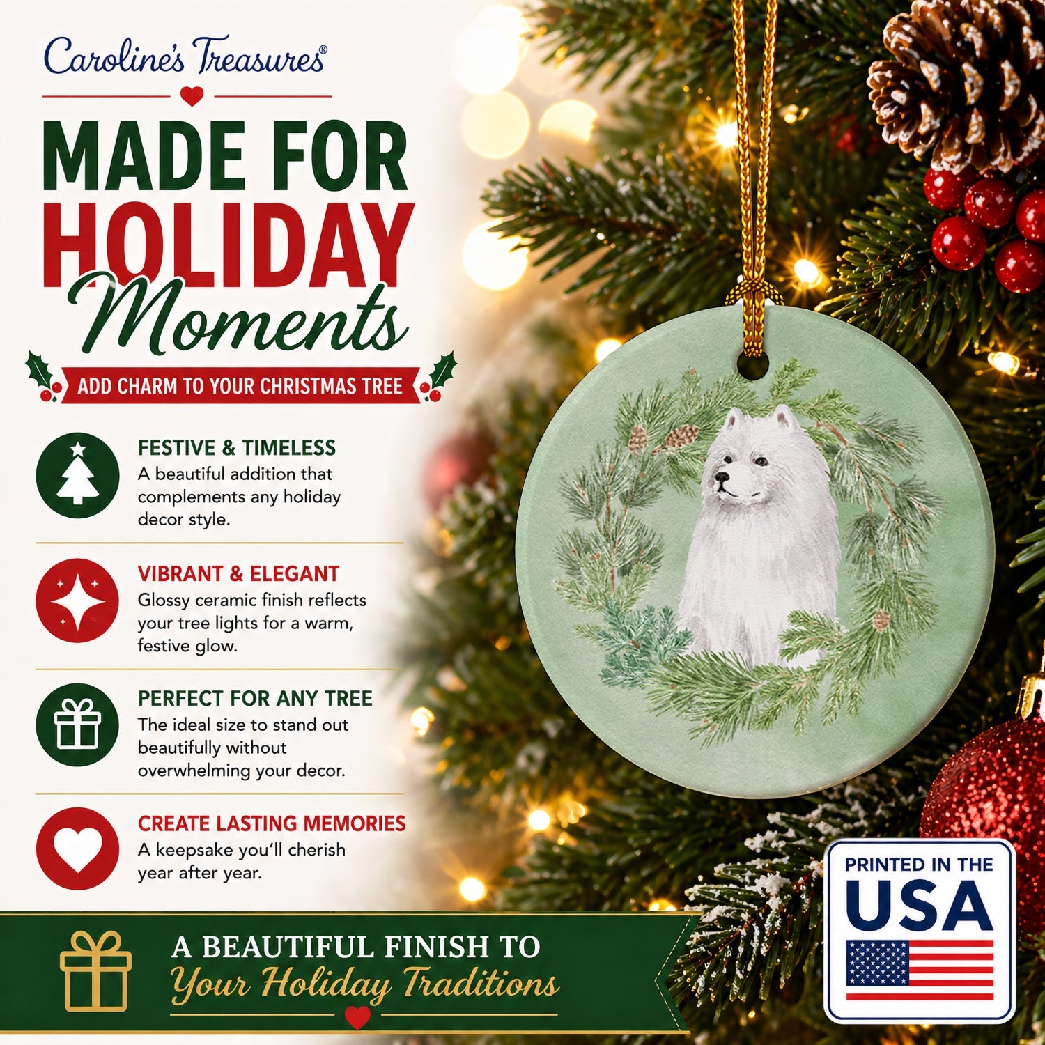 Samoyed Sitting Christmas Wreath Ceramic Ornament Christmas Tree Hanging Decorations for Home Christmas Holiday, Party, Gift, 3 in, Multicolor