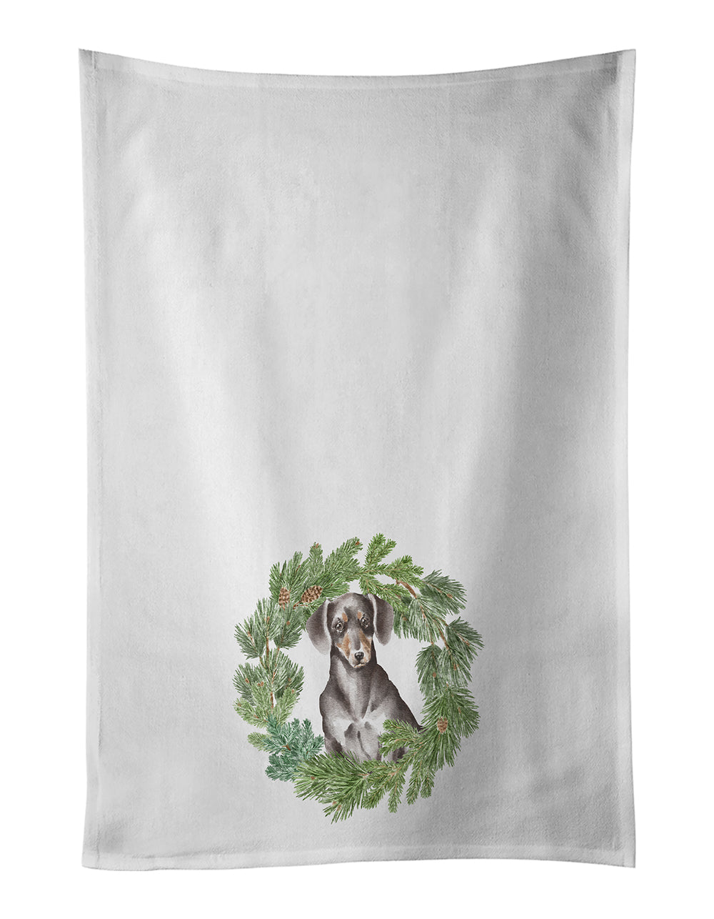 Dachshund Black and Tan Christmas Wreath Kitchen Towel Set of 2 White Dish Towels Decorative Bathroom Hand towel for Hand, Face, Hair, Yoga, Tea, Dishcloth, 19 X 28", White