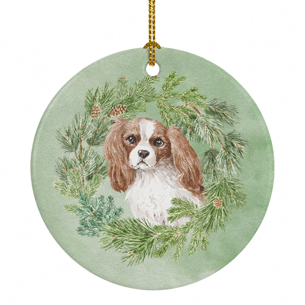 Cavalier Spaniel Blenheim Christmas Wreath Ceramic Ornament Christmas Tree Hanging Decorations for Home Christmas Holiday, Party, Gift, 3 in, Multicolor