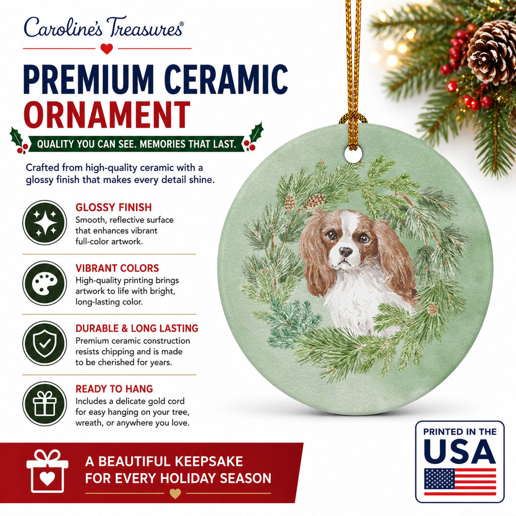 Cavalier Spaniel Blenheim Christmas Wreath Ceramic Ornament Christmas Tree Hanging Decorations for Home Christmas Holiday, Party, Gift, 3 in, Multicolor