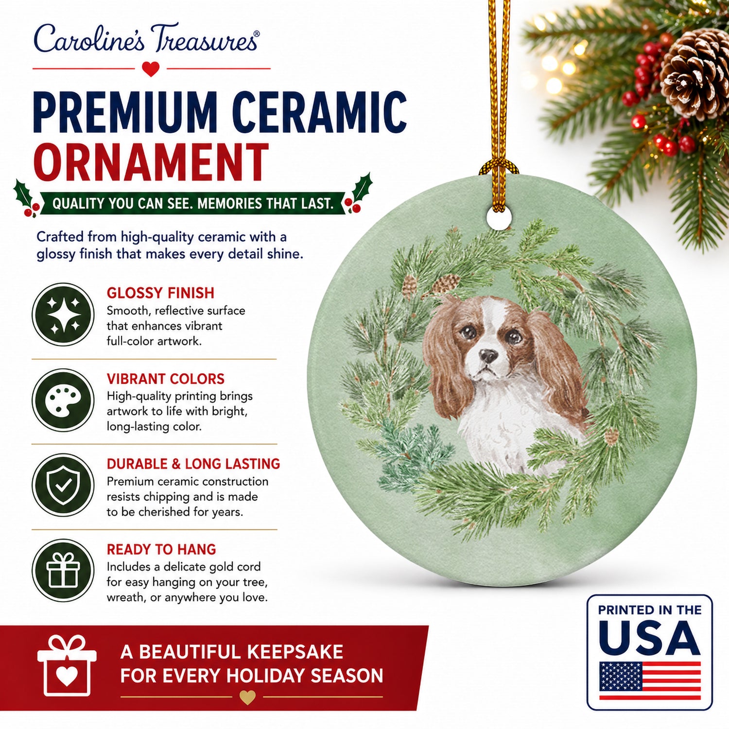 Cavalier Spaniel Blenheim Christmas Wreath Ceramic Ornament Christmas Tree Hanging Decorations for Home Christmas Holiday, Party, Gift, 3 in, Multicolor