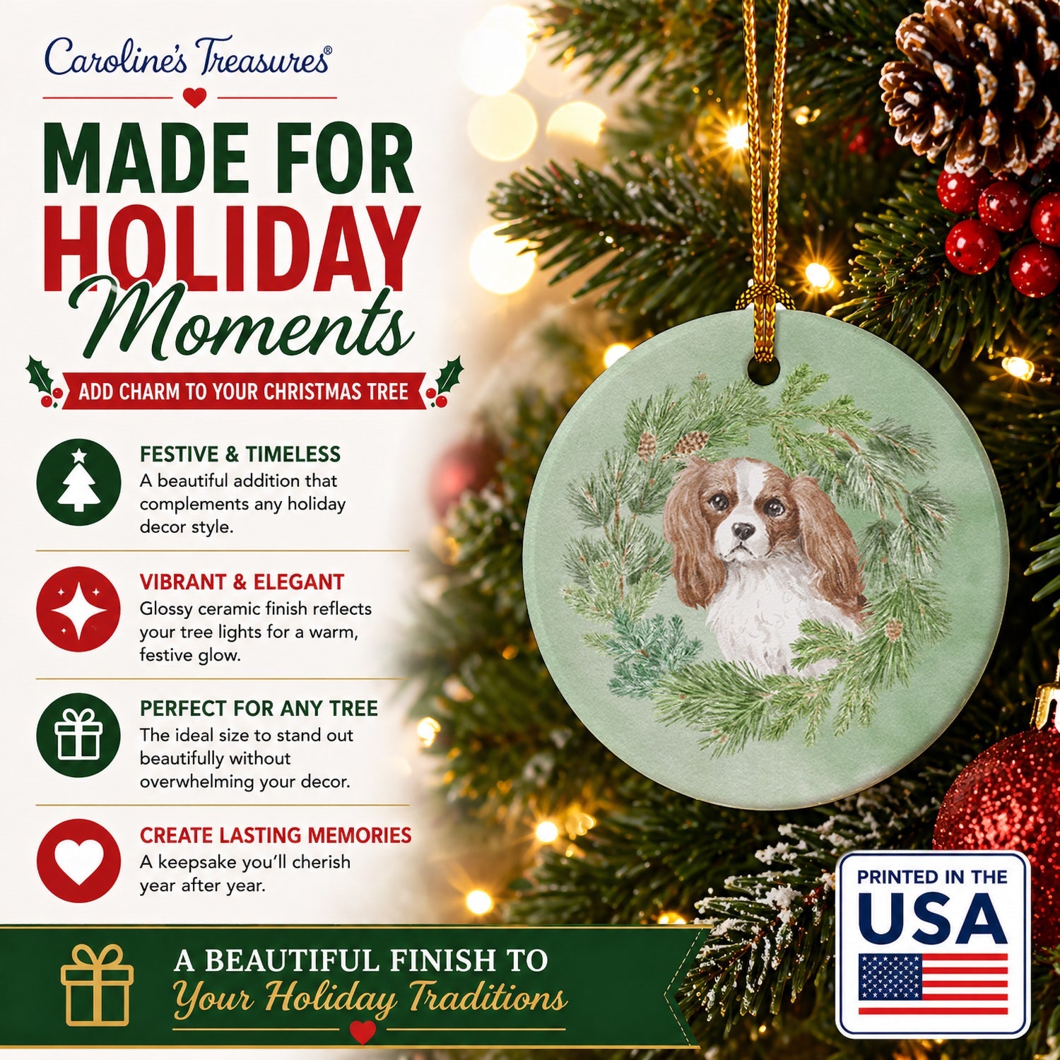Cavalier Spaniel Blenheim Christmas Wreath Ceramic Ornament Christmas Tree Hanging Decorations for Home Christmas Holiday, Party, Gift, 3 in, Multicolor