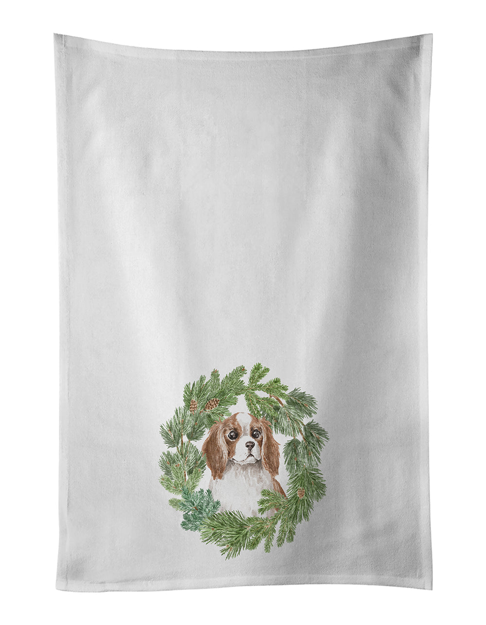 Cavalier Spaniel Blenheim Puppy Wide Eyed Christmas Wreath Kitchen Towel Set of 2 White Dish Towels Decorative Bathroom Hand towel for Hand, Face, Hair, Yoga, Tea, Dishcloth, 19 X 28", White