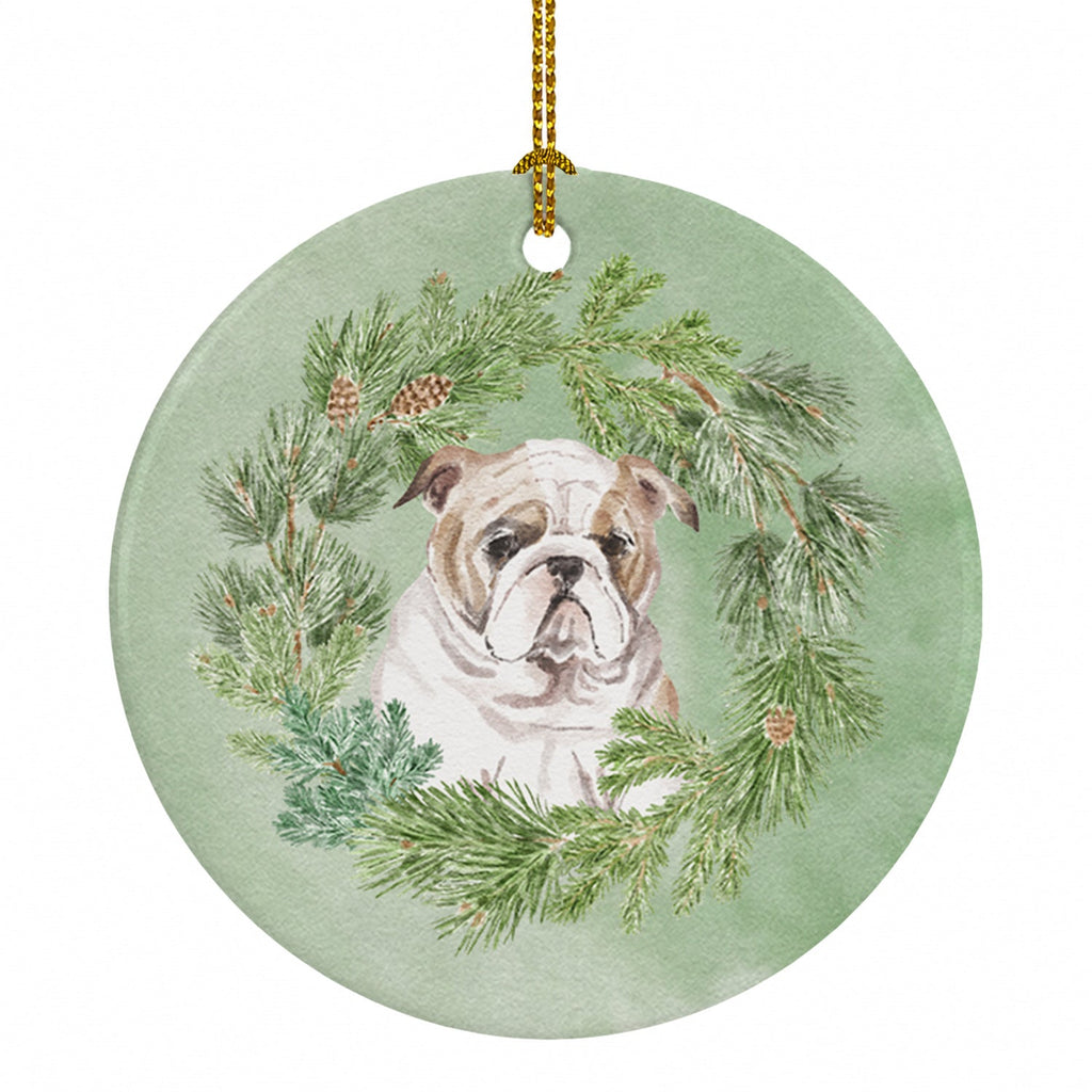 Bulldog Puppy Fawn Christmas Wreath Ceramic Ornament Christmas Tree Hanging Decorations for Home Christmas Holiday, Party, Gift, 3 in, Multicolor