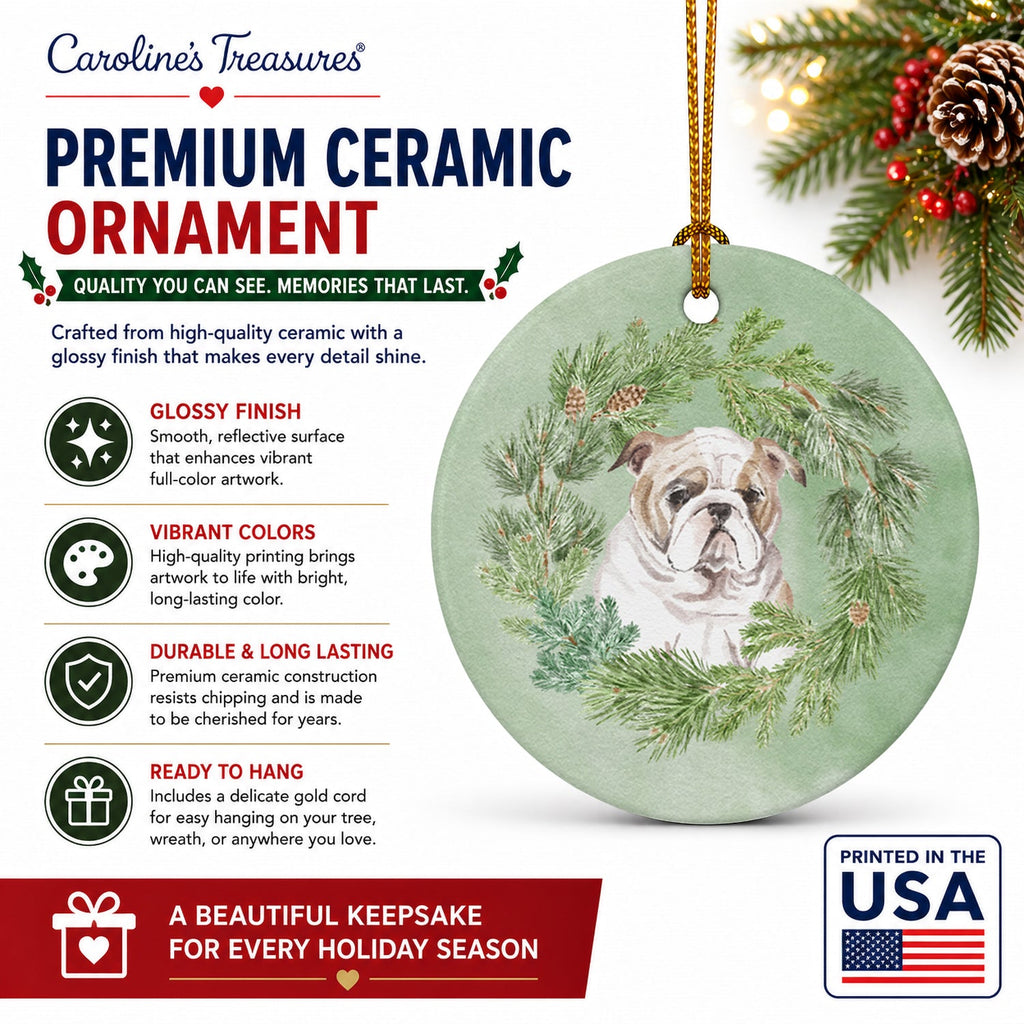 Bulldog Puppy Fawn Christmas Wreath Ceramic Ornament Christmas Tree Hanging Decorations for Home Christmas Holiday, Party, Gift, 3 in, Multicolor