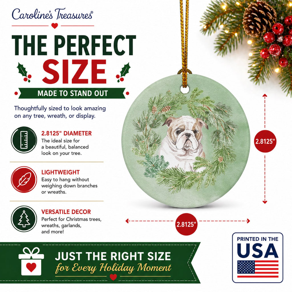 Bulldog Puppy Fawn Christmas Wreath Ceramic Ornament Christmas Tree Hanging Decorations for Home Christmas Holiday, Party, Gift, 3 in, Multicolor