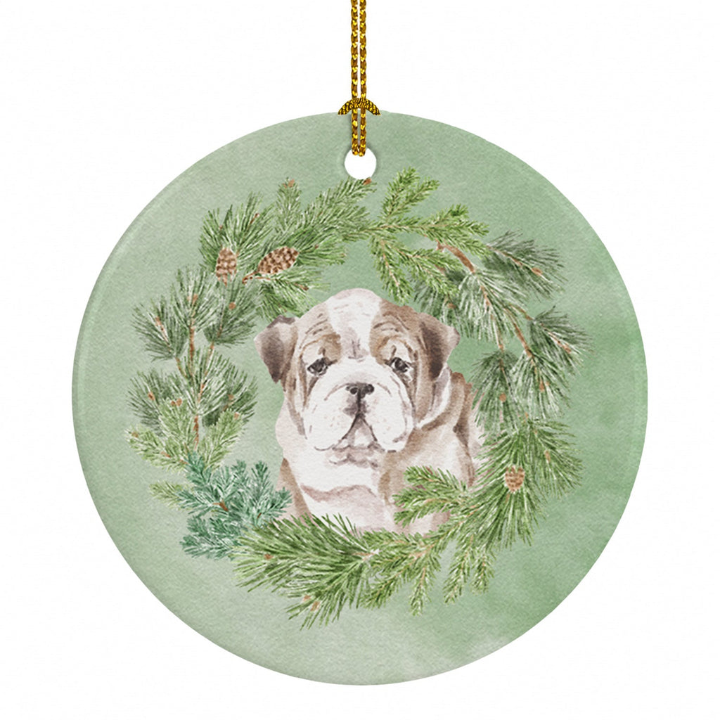 Bulldog Puppy Fawn Brindle Christmas Wreath Ceramic Ornament Christmas Tree Hanging Decorations for Home Christmas Holiday, Party, Gift, 3 in, Multicolor