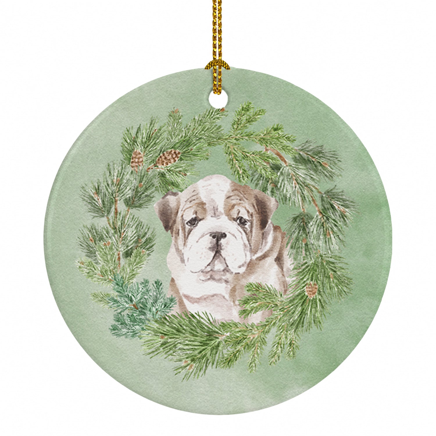 Bulldog Puppy Fawn Brindle Christmas Wreath Ceramic Ornament Christmas Tree Hanging Decorations for Home Christmas Holiday, Party, Gift, 3 in, Multicolor