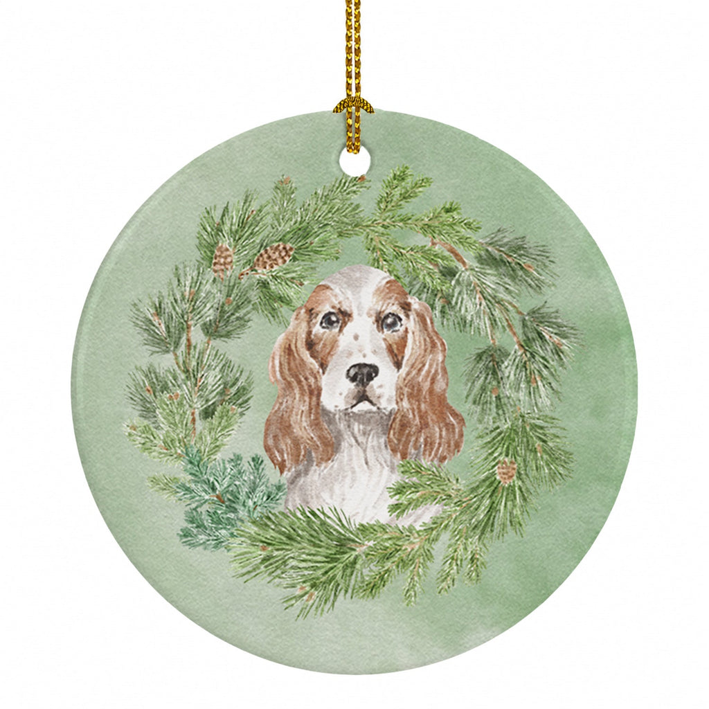 Cocker Spaniel Red and White Christmas Wreath Ceramic Ornament Christmas Tree Hanging Decorations for Home Christmas Holiday, Party, Gift, 3 in, Multicolor