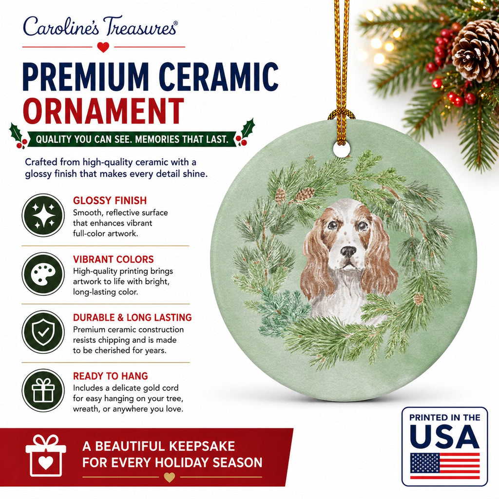 Cocker Spaniel Red and White Christmas Wreath Ceramic Ornament Christmas Tree Hanging Decorations for Home Christmas Holiday, Party, Gift, 3 in, Multicolor