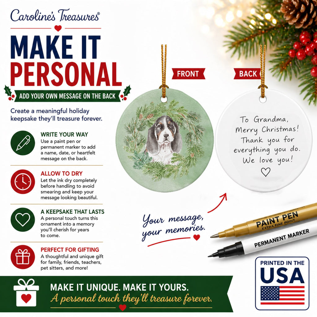 Basset Hound Puppy Tricolor Christmas Wreath Ceramic Ornament Christmas Tree Hanging Decorations for Home Christmas Holiday, Party, Gift, 3 in, Multicolor