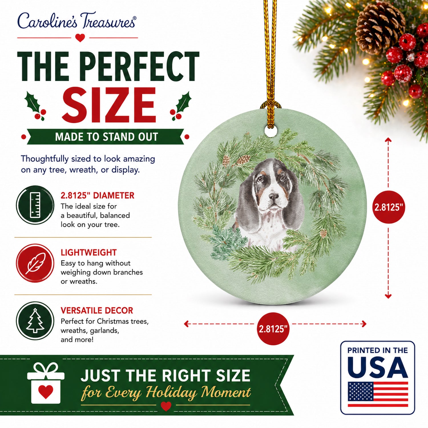 Basset Hound Puppy Tricolor Christmas Wreath Ceramic Ornament Christmas Tree Hanging Decorations for Home Christmas Holiday, Party, Gift, 3 in, Multicolor