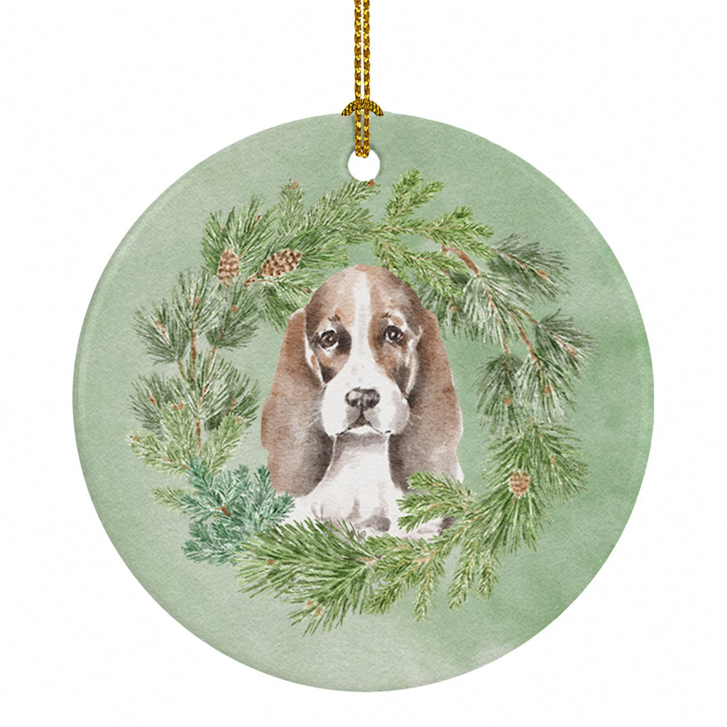 Basset Hound Puppy Brown White and Black Christmas Wreath Ceramic Ornament Christmas Tree Hanging Decorations for Home Christmas Holiday, Party, Gift, 3 in, Multicolor