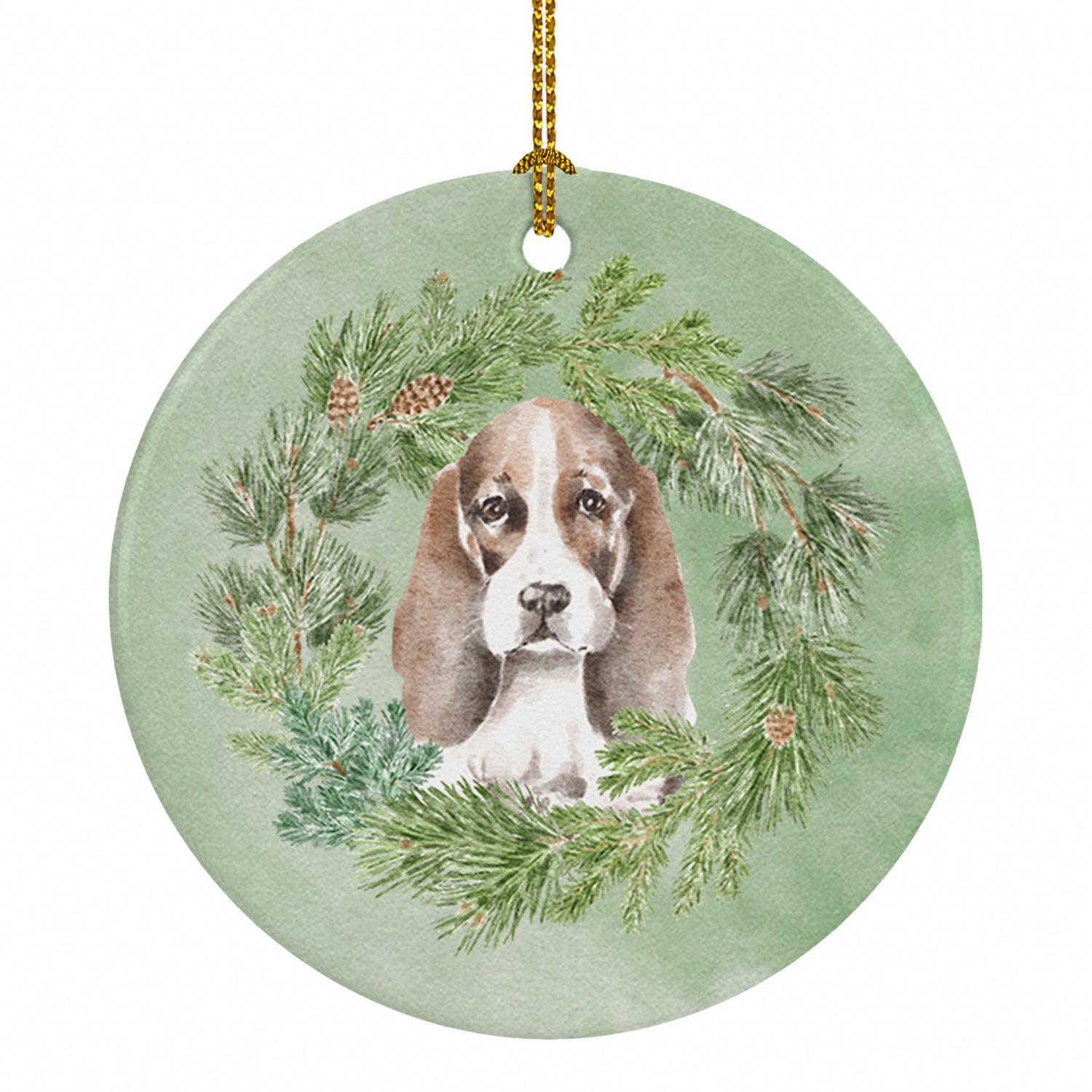 Basset Hound Puppy Brown White and Black Christmas Wreath Ceramic Ornament Christmas Tree Hanging Decorations for Home Christmas Holiday, Party, Gift, 3 in, Multicolor