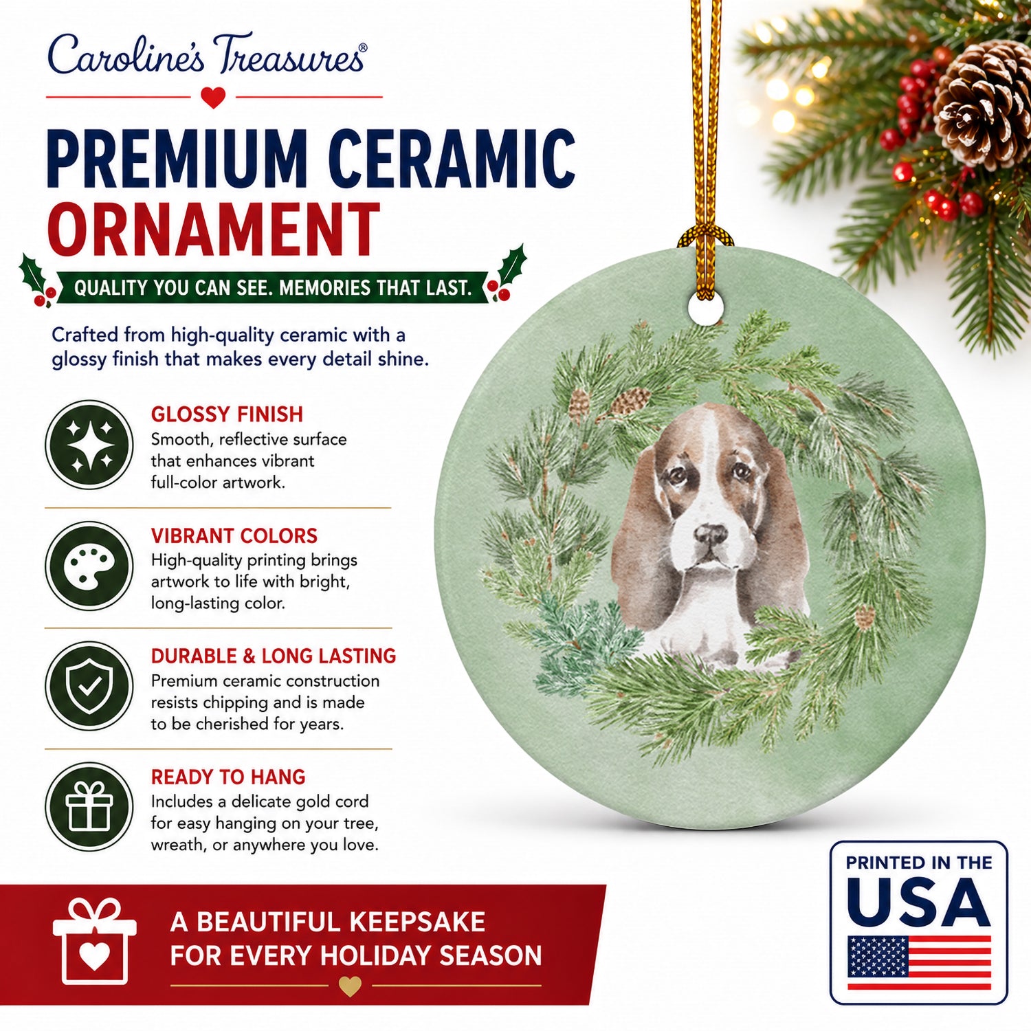 Basset Hound Puppy Brown White and Black Christmas Wreath Ceramic Ornament Christmas Tree Hanging Decorations for Home Christmas Holiday, Party, Gift, 3 in, Multicolor