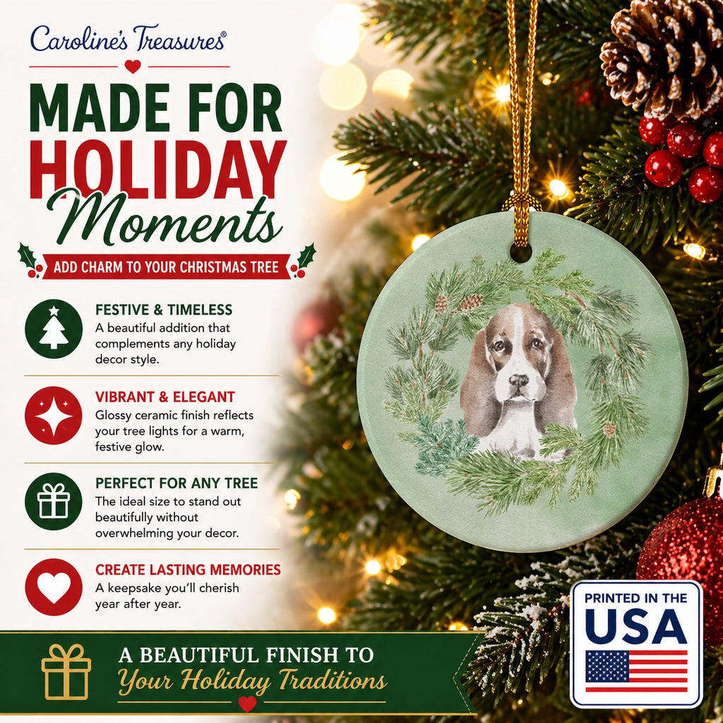 Basset Hound Puppy Brown White and Black Christmas Wreath Ceramic Ornament Christmas Tree Hanging Decorations for Home Christmas Holiday, Party, Gift, 3 in, Multicolor