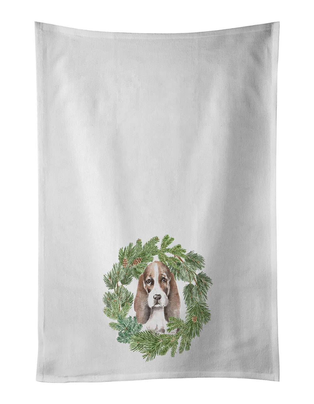 Basset Hound Puppy Brown White and Black Christmas Wreath Kitchen Towel Set of 2 White Dish Towels Decorative Bathroom Hand towel for Hand, Face, Hair, Yoga, Tea, Dishcloth, 19 X 28", White