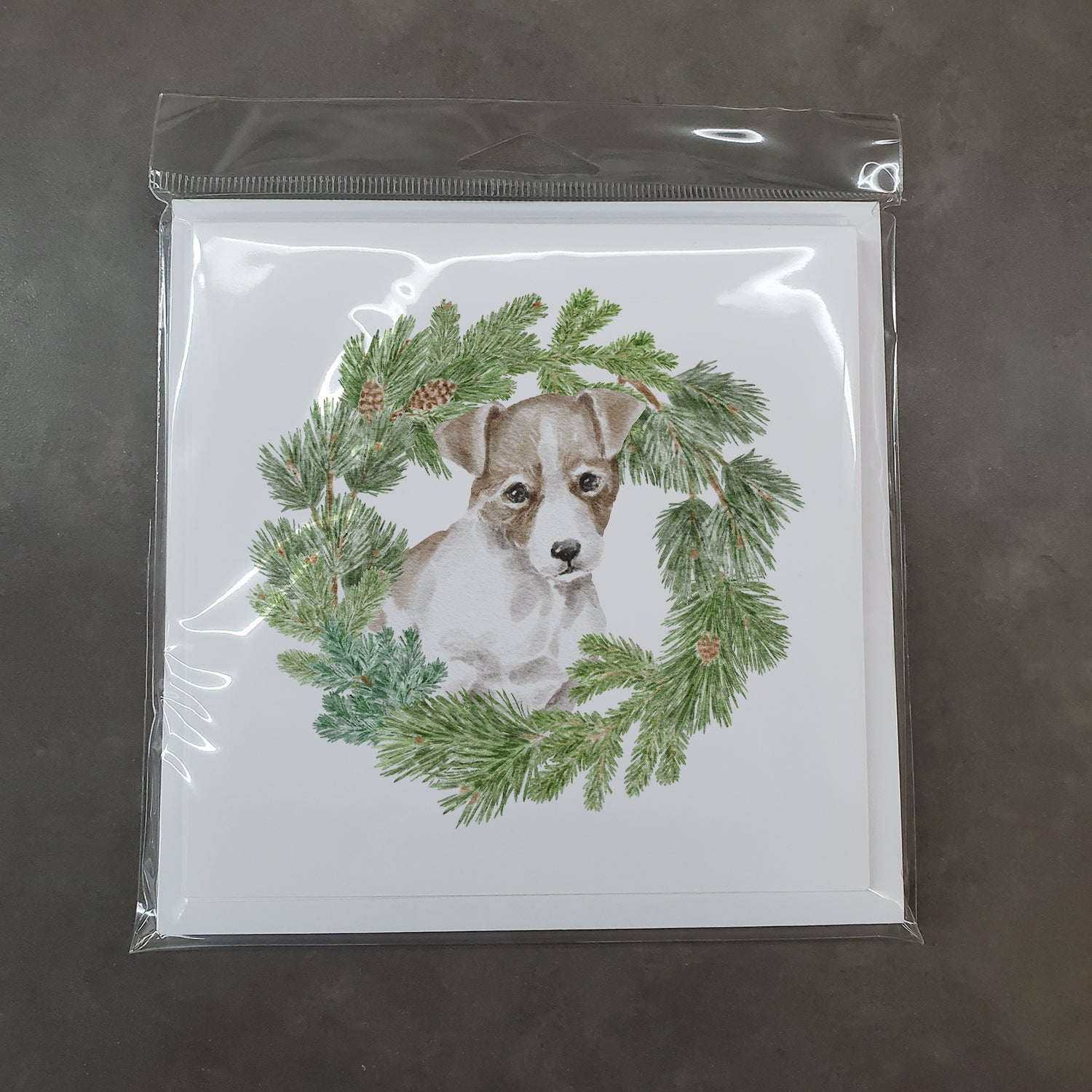 Jack Russell Terrier Puppy Chestnut and White Christmas Wreath Square Greeting Cards and Envelopes Pack of 8 Blank Cards with Envelopes Blank Thank You Note Greeting Cards Stationery