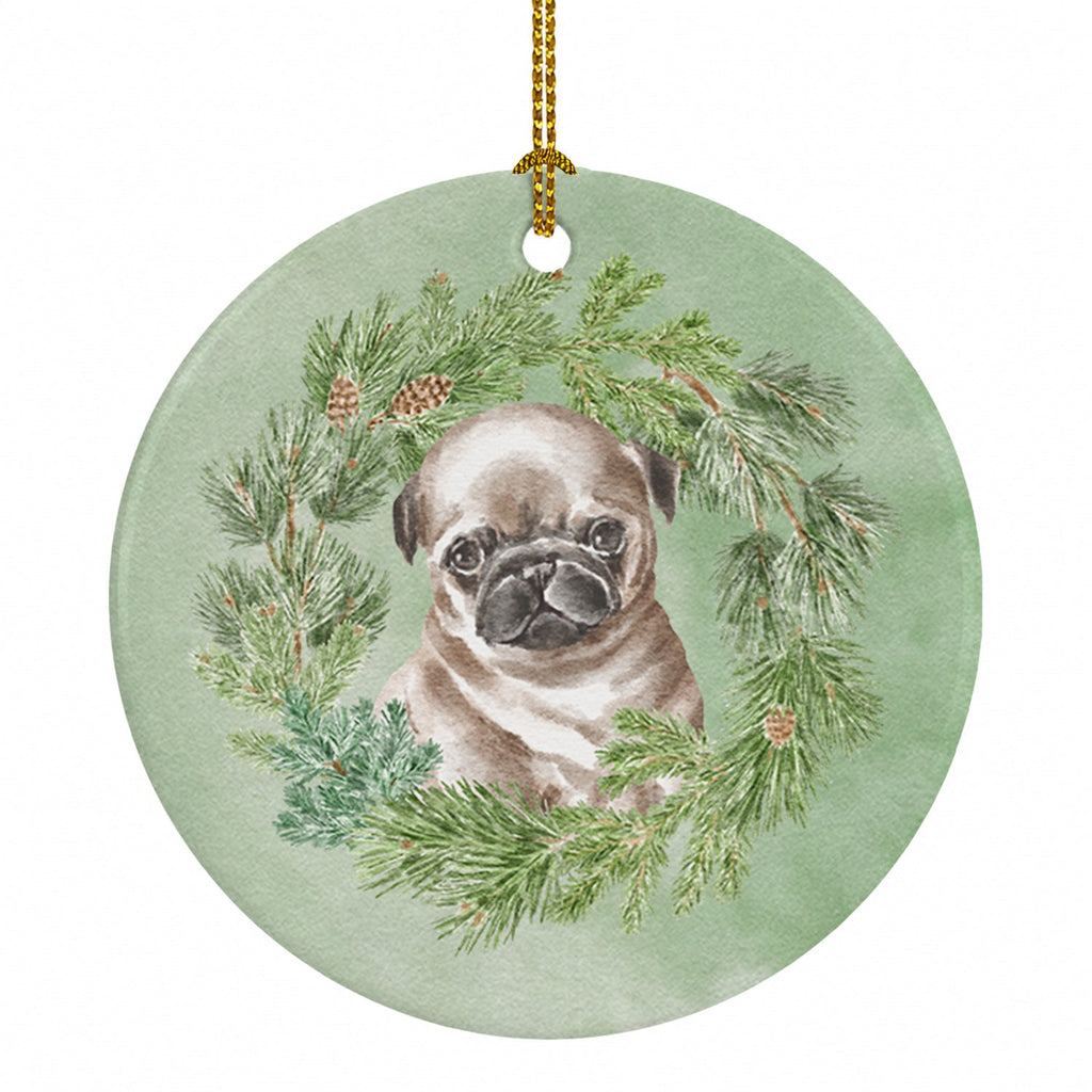 Pug Puppy Fawn Head Tilt Christmas Wreath Ceramic Ornament Christmas Tree Hanging Decorations for Home Christmas Holiday, Party, Gift, 3 in, Multicolor