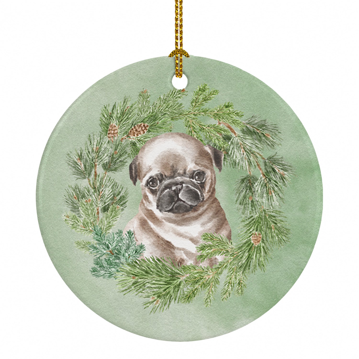 Pug Puppy Fawn Head Tilt Christmas Wreath Ceramic Ornament Christmas Tree Hanging Decorations for Home Christmas Holiday, Party, Gift, 3 in, Multicolor