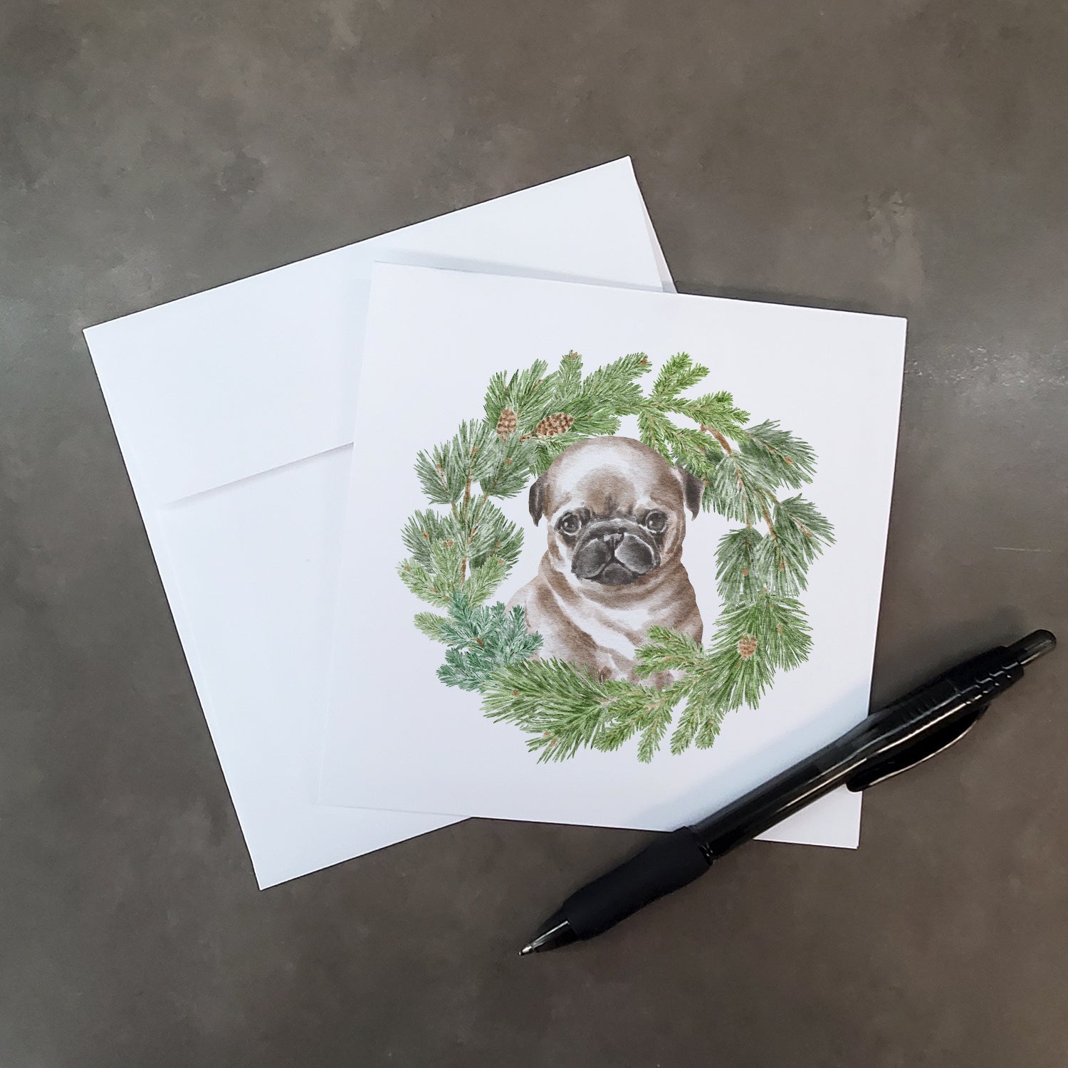 Pug Puppy Fawn Head Tilt Christmas Wreath Square Greeting Cards and Envelopes Pack of 8 Blank Cards with Envelopes Blank Thank You Note Greeting Cards Stationery