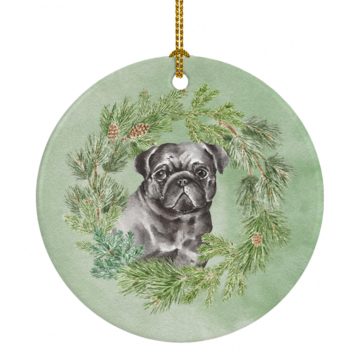 Pug Black Christmas Wreath Ceramic Ornament Christmas Tree Hanging Decorations for Home Christmas Holiday, Party, Gift, 3 in, Multicolor