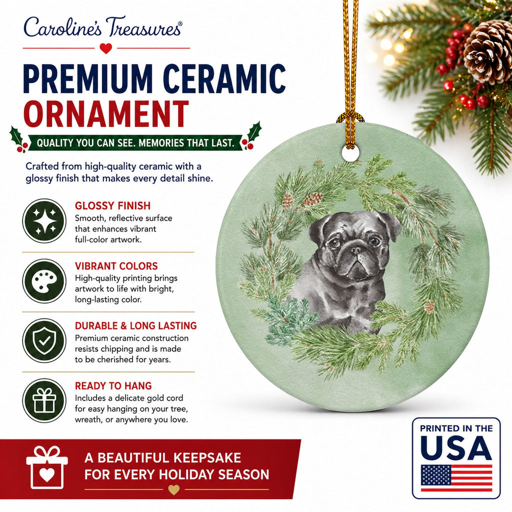 Pug Black Christmas Wreath Ceramic Ornament Christmas Tree Hanging Decorations for Home Christmas Holiday, Party, Gift, 3 in, Multicolor