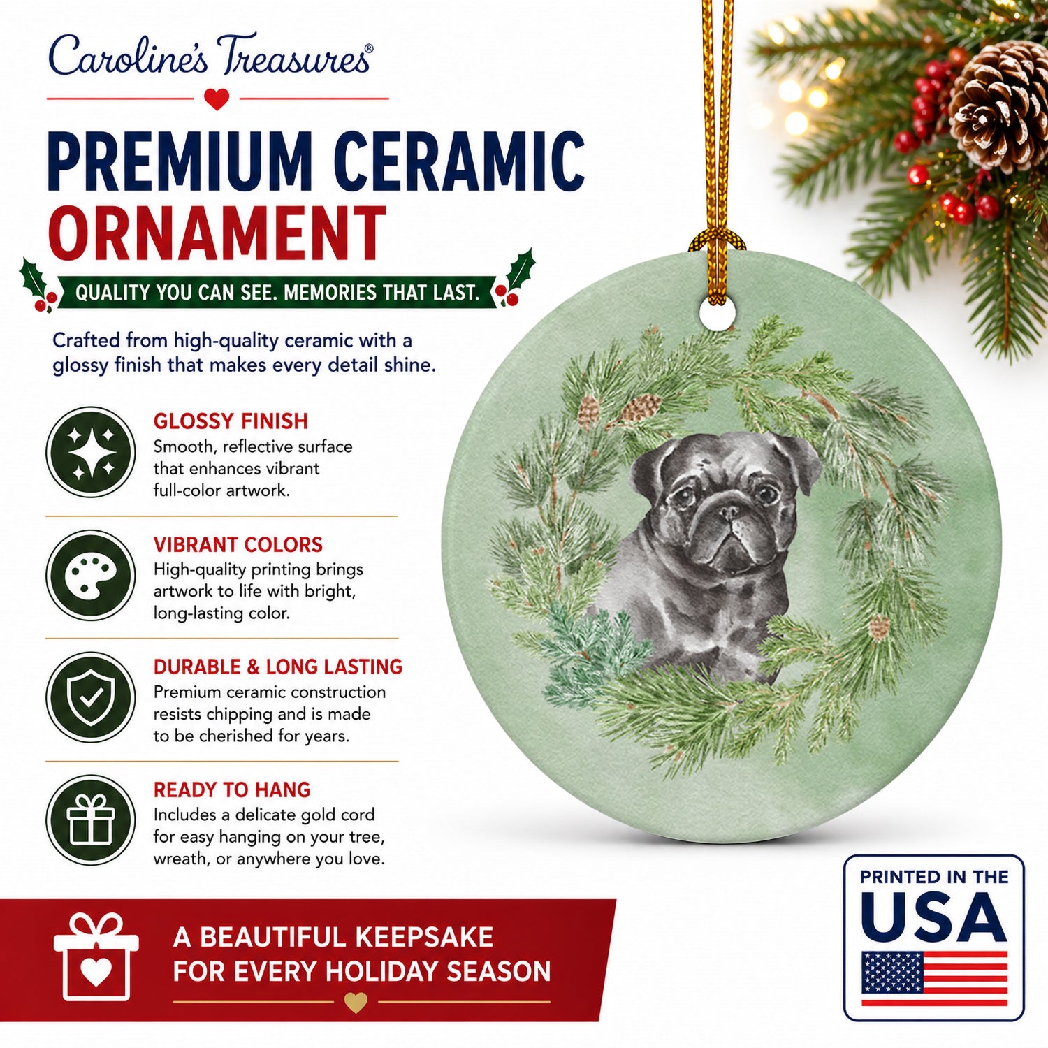 Pug Black Christmas Wreath Ceramic Ornament Christmas Tree Hanging Decorations for Home Christmas Holiday, Party, Gift, 3 in, Multicolor