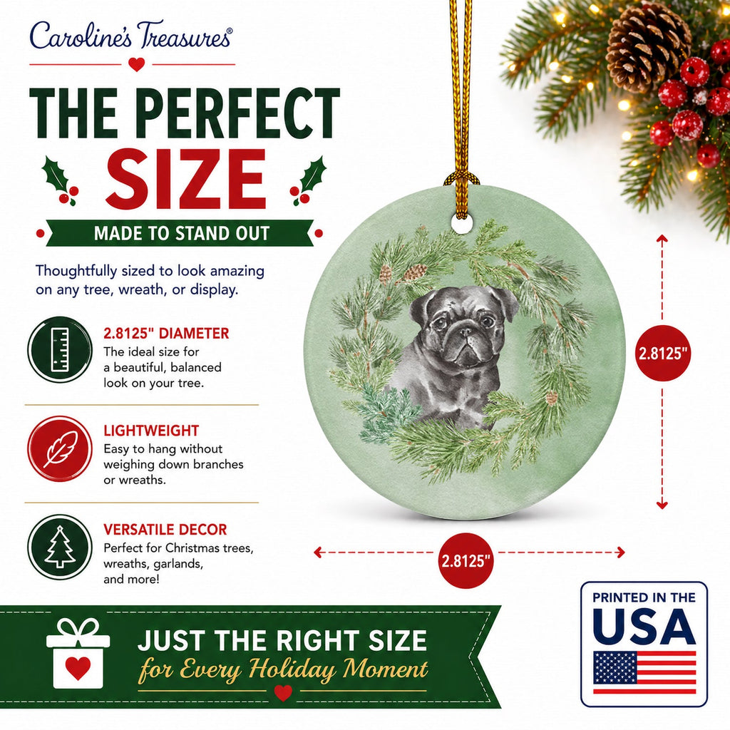 Pug Black Christmas Wreath Ceramic Ornament Christmas Tree Hanging Decorations for Home Christmas Holiday, Party, Gift, 3 in, Multicolor
