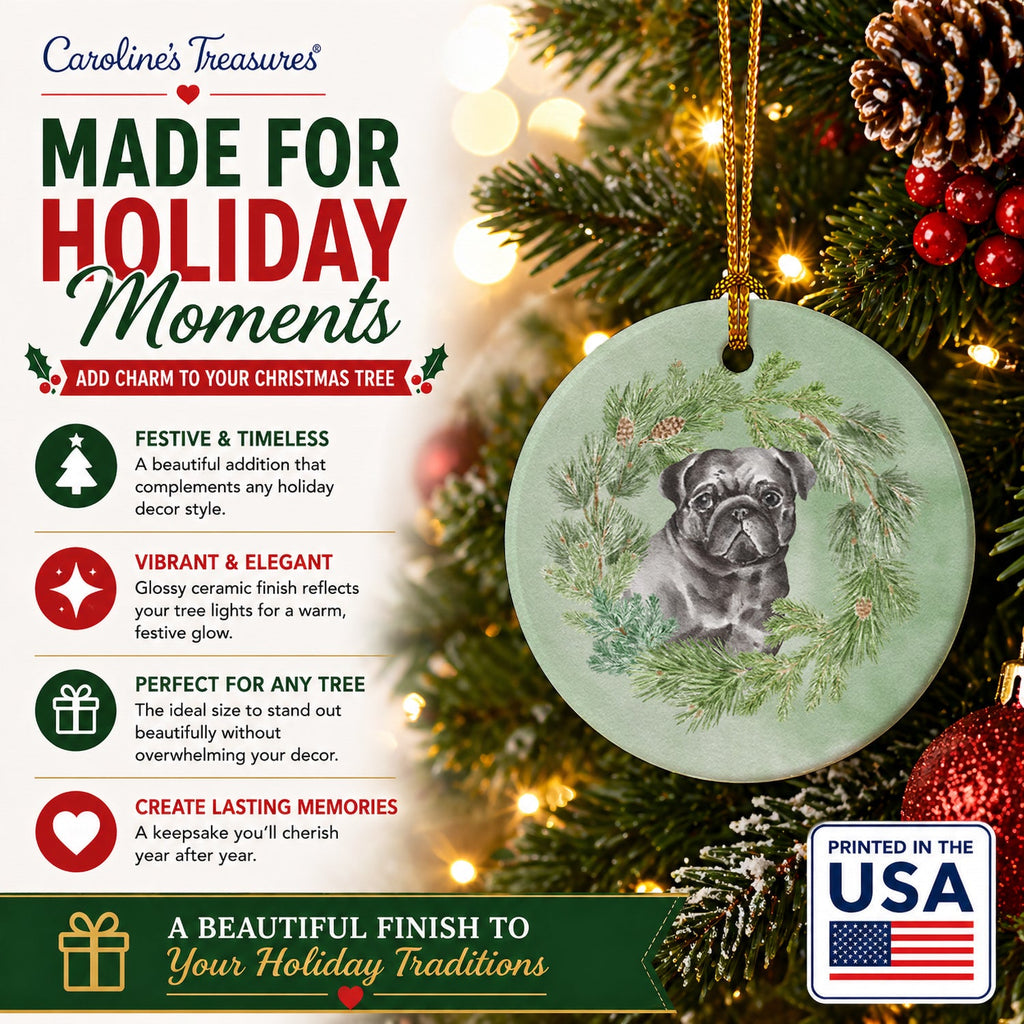 Pug Black Christmas Wreath Ceramic Ornament Christmas Tree Hanging Decorations for Home Christmas Holiday, Party, Gift, 3 in, Multicolor