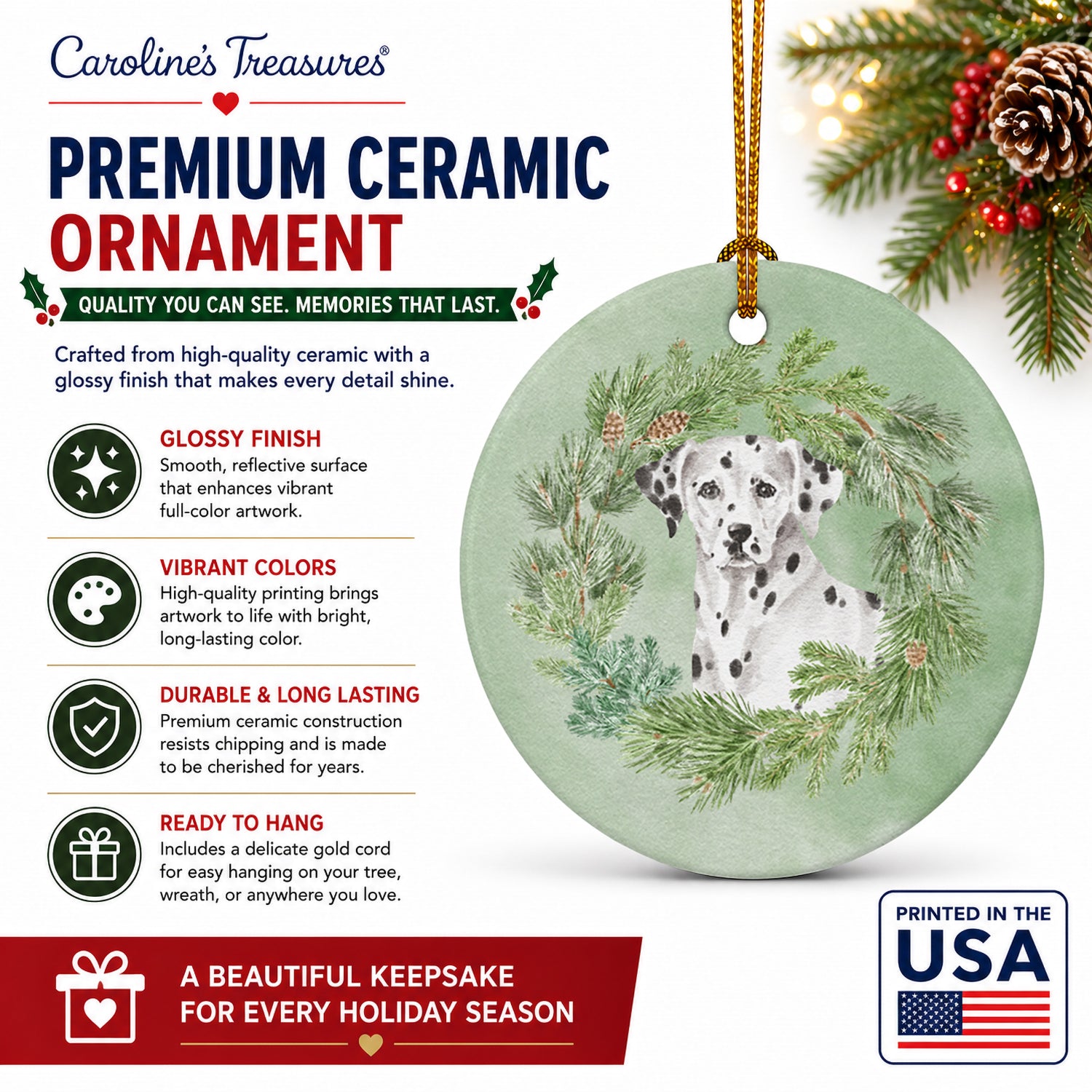 Dalmatian Christmas Wreath Ceramic Ornament Christmas Tree Hanging Decorations for Home Christmas Holiday, Party, Gift, 3 in, Multicolor