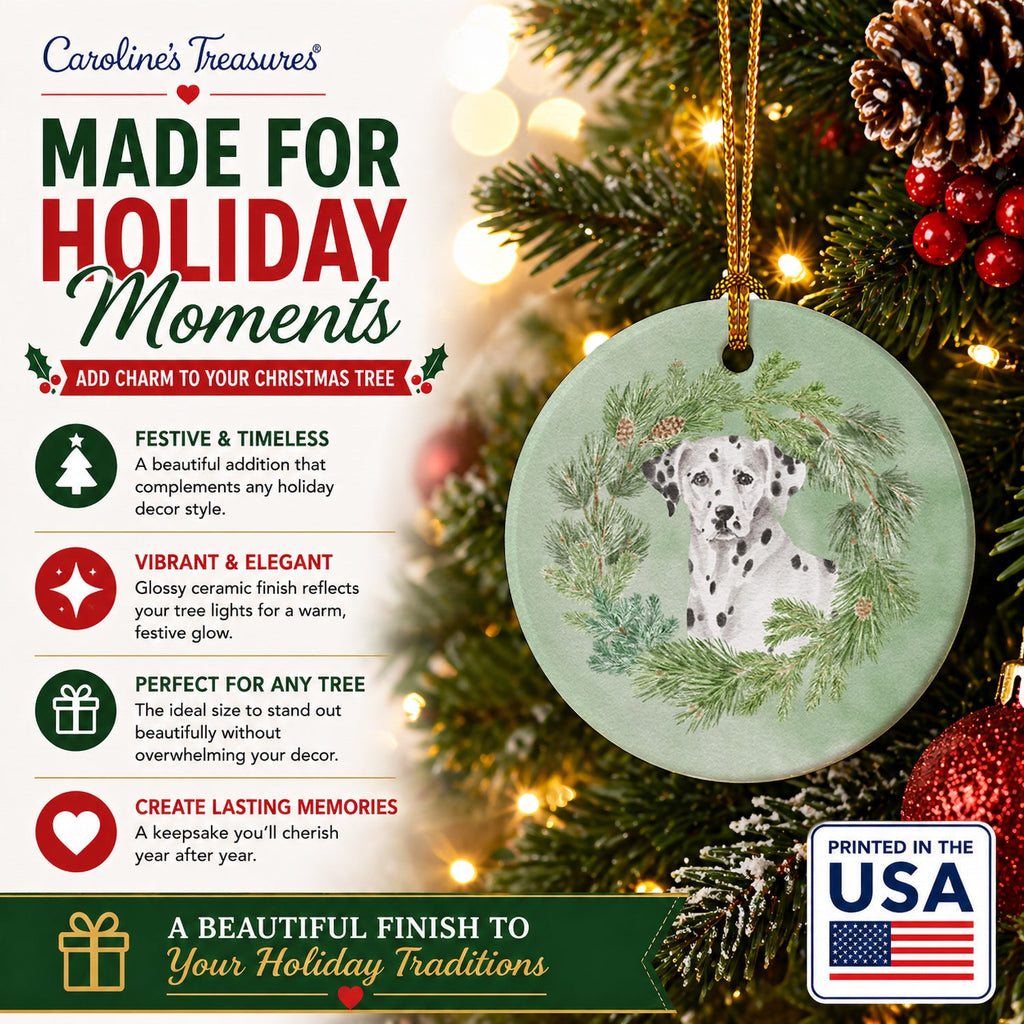 Dalmatian Christmas Wreath Ceramic Ornament Christmas Tree Hanging Decorations for Home Christmas Holiday, Party, Gift, 3 in, Multicolor
