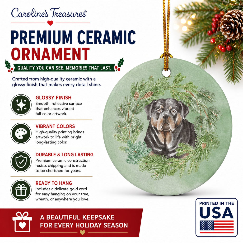 Rottweiler Christmas Wreath Ceramic Ornament Christmas Tree Hanging Decorations for Home Christmas Holiday, Party, Gift, 3 in, Multicolor