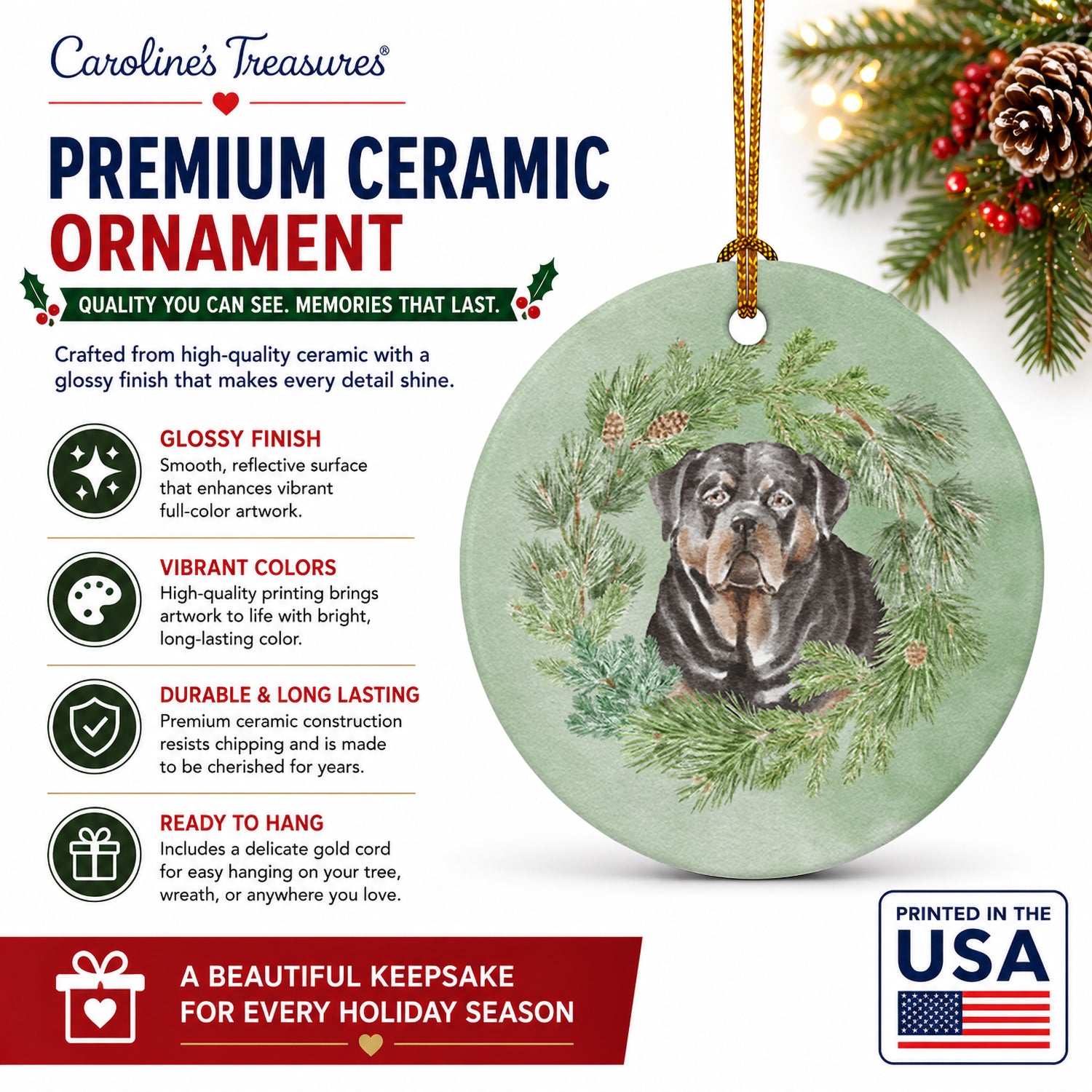 Rottweiler Christmas Wreath Ceramic Ornament Christmas Tree Hanging Decorations for Home Christmas Holiday, Party, Gift, 3 in, Multicolor