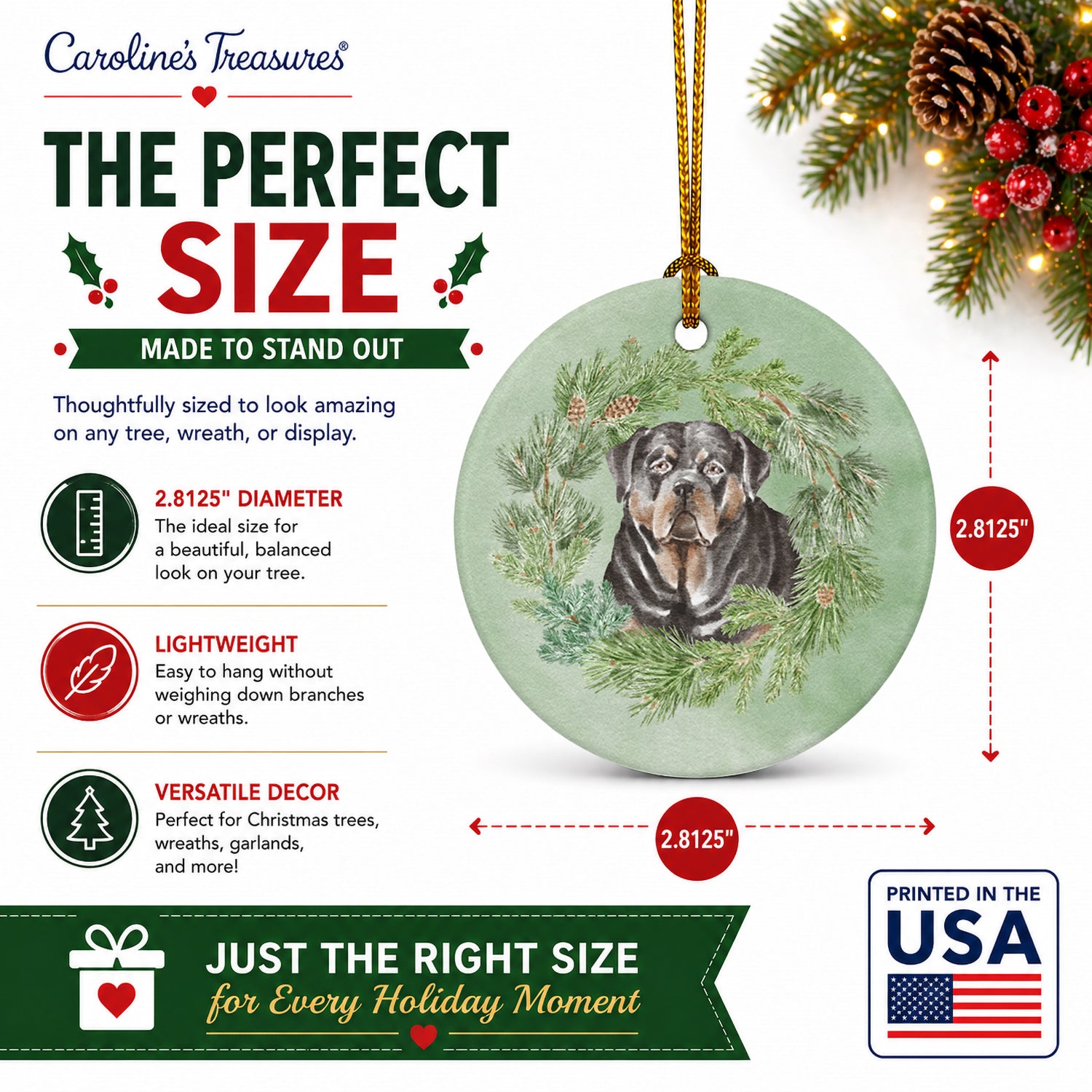 Rottweiler Christmas Wreath Ceramic Ornament Christmas Tree Hanging Decorations for Home Christmas Holiday, Party, Gift, 3 in, Multicolor