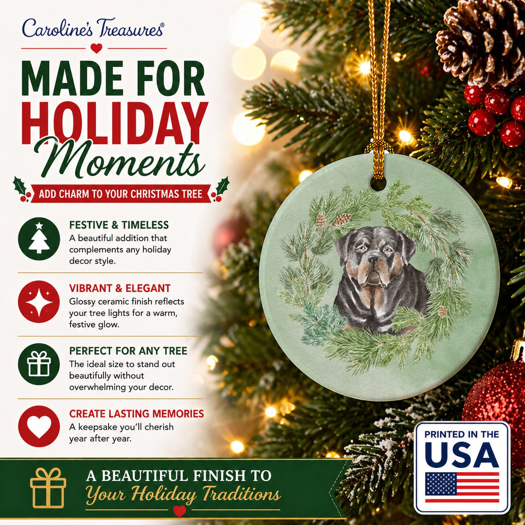 Rottweiler Christmas Wreath Ceramic Ornament Christmas Tree Hanging Decorations for Home Christmas Holiday, Party, Gift, 3 in, Multicolor