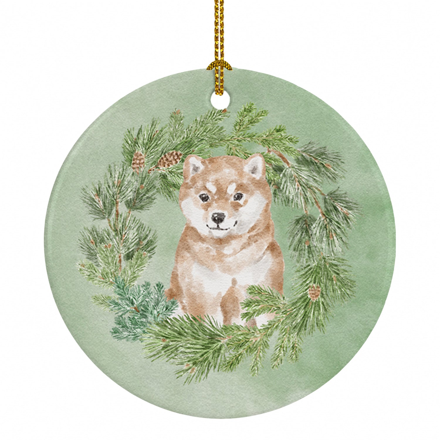 Shiba Inu Puppy Sitting Pretty Christmas Wreath Ceramic Ornament Christmas Tree Hanging Decorations for Home Christmas Holiday, Party, Gift, 3 in, Multicolor