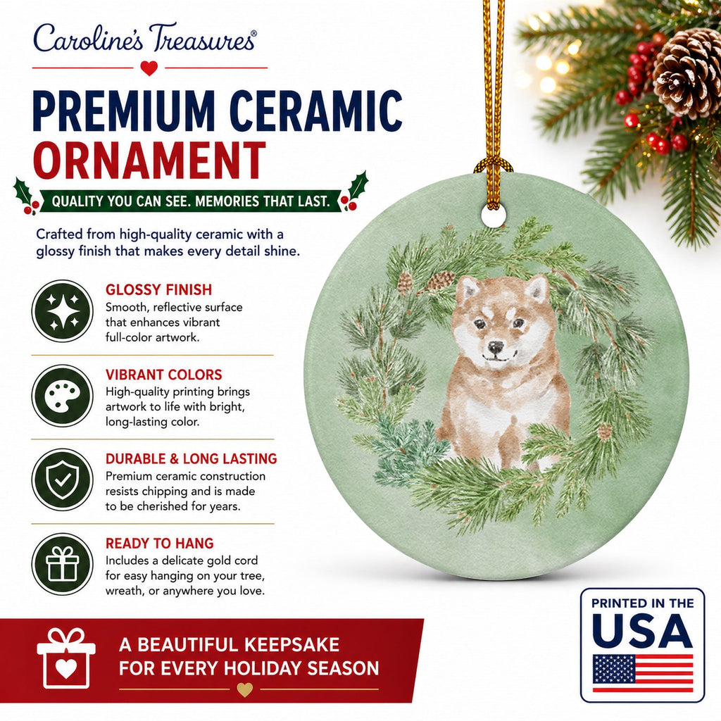 Shiba Inu Puppy Sitting Pretty Christmas Wreath Ceramic Ornament Christmas Tree Hanging Decorations for Home Christmas Holiday, Party, Gift, 3 in, Multicolor