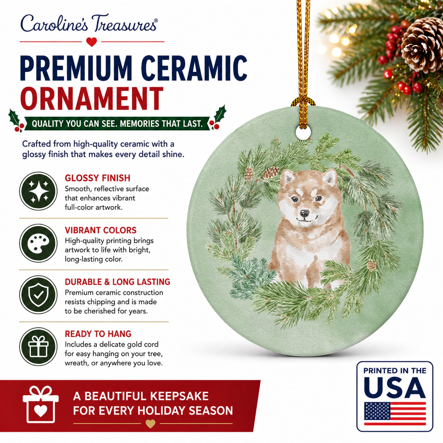 Shiba Inu Puppy Sitting Pretty Christmas Wreath Ceramic Ornament Christmas Tree Hanging Decorations for Home Christmas Holiday, Party, Gift, 3 in, Multicolor