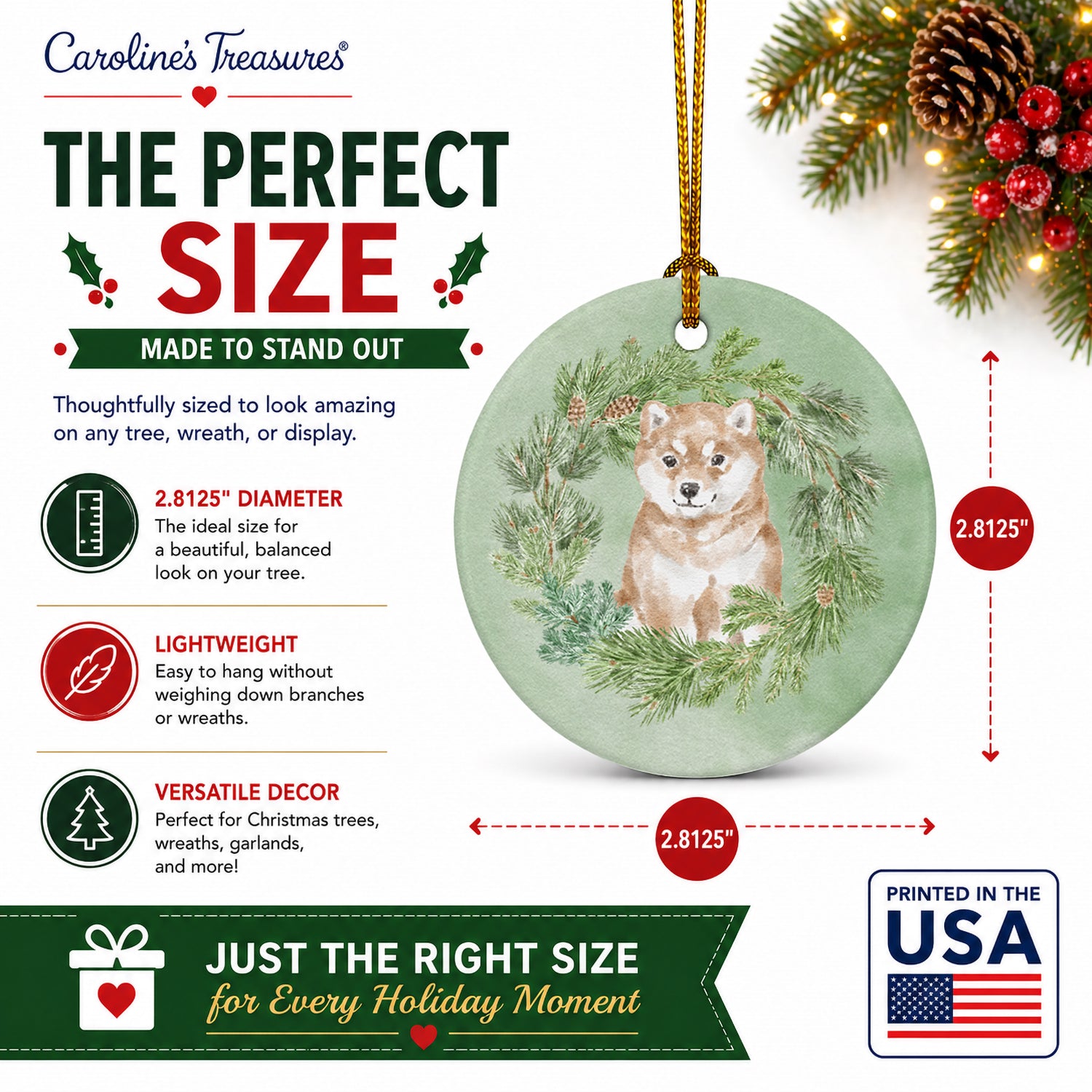 Shiba Inu Puppy Sitting Pretty Christmas Wreath Ceramic Ornament Christmas Tree Hanging Decorations for Home Christmas Holiday, Party, Gift, 3 in, Multicolor